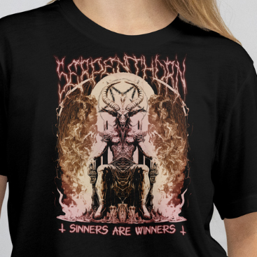 Close Up - Front View
Black t-shirt with a graphic design featuring a goat-headed figure and text on a plain background Serpenthron Design front