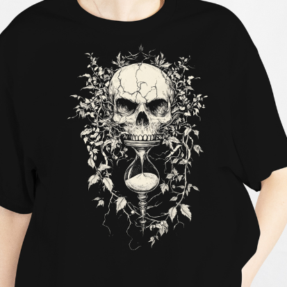 Close Up - Front View
Black t-shirt with a skull and hourglass design on a plain background