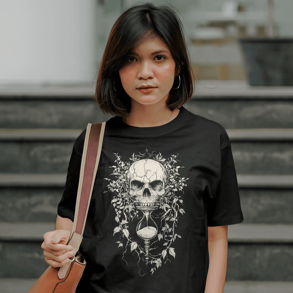 Woman wearing a Black Skull-hour glass T-Shirt Life's fleeting reminder
