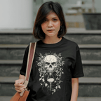 Woman wearing a Black Skull-hour glass T-Shirt Life's fleeting reminder