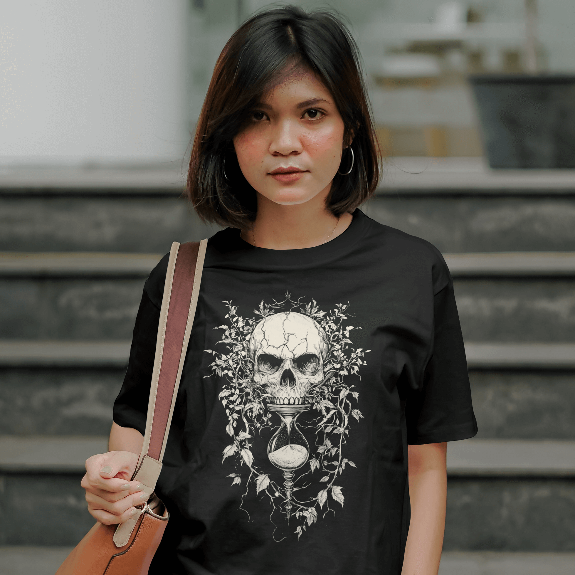 Woman wearing a Black Skull-hour glass T-Shirt Life's fleeting reminder