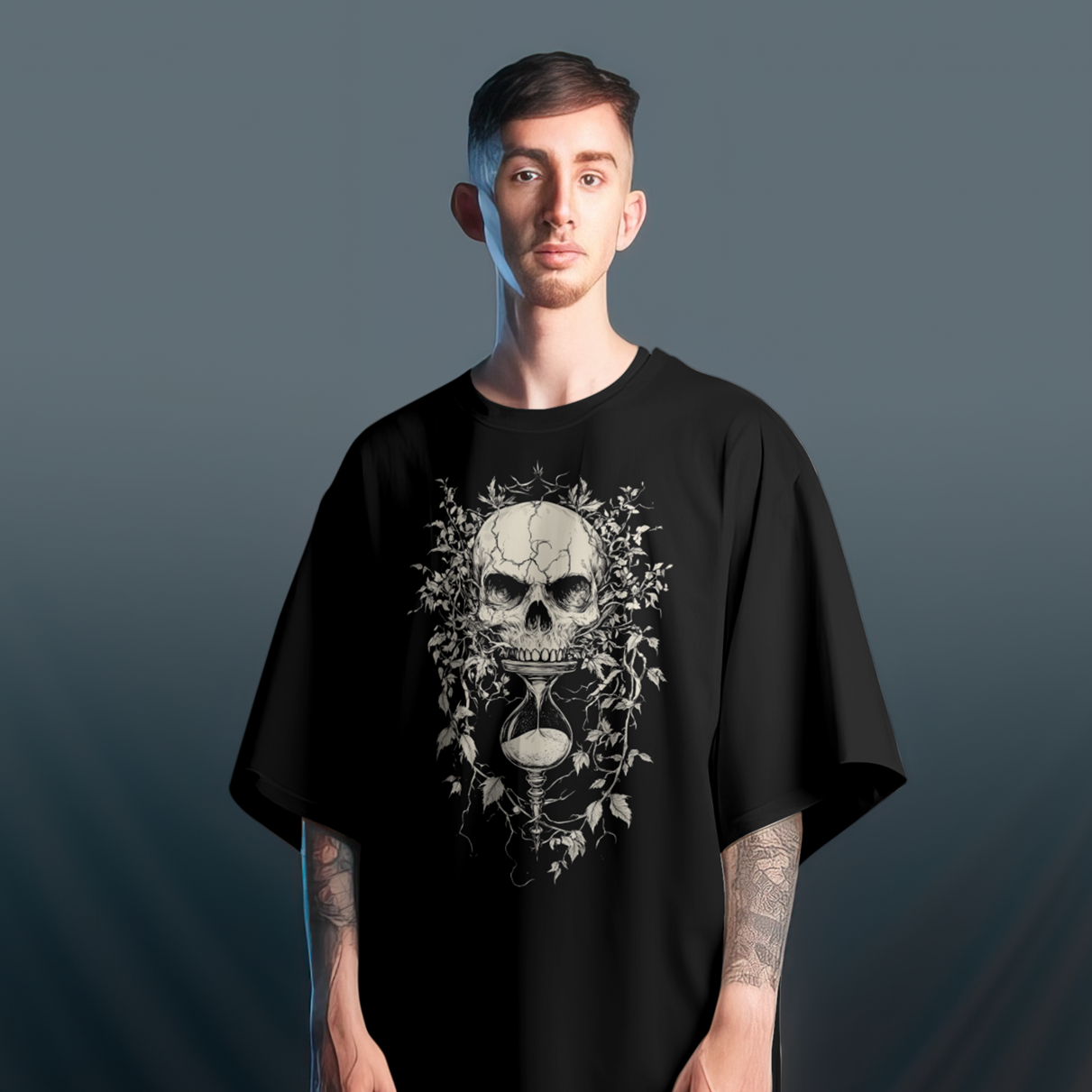 Person wearing a black t-shirt with a skull and hourglass design on a gradient background