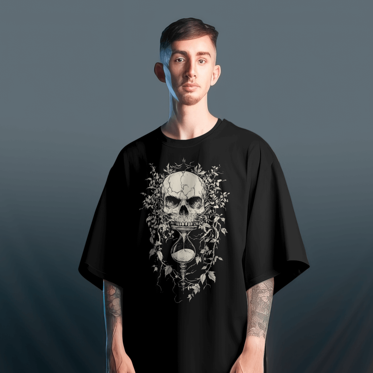 A man wearing a Black Skull-hour glass T-Shirt Life's fleeting reminder