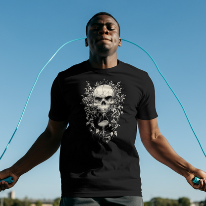 Man jumping rope outdoors with a clear blue sky wearing Black t-shirt white Skull print