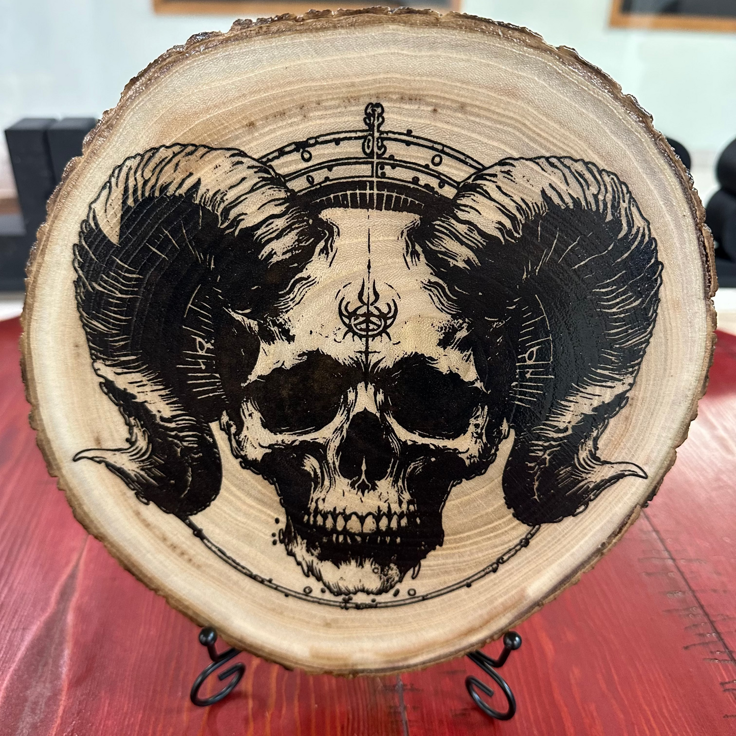 Close Up - Front View on a stand laser engraved skull wall art