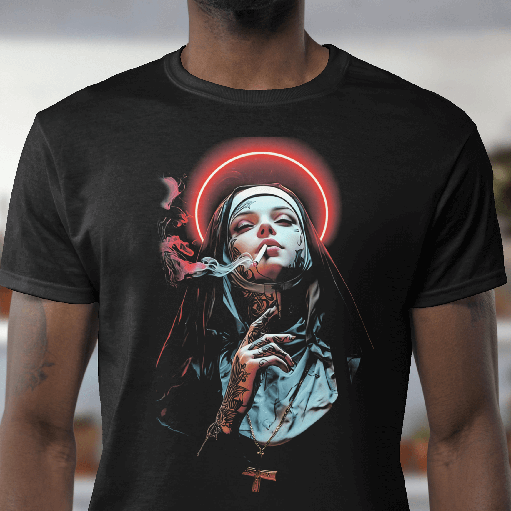 Person wearing a black t-shirt with a graphic design of a woman smoking a cigarette.
