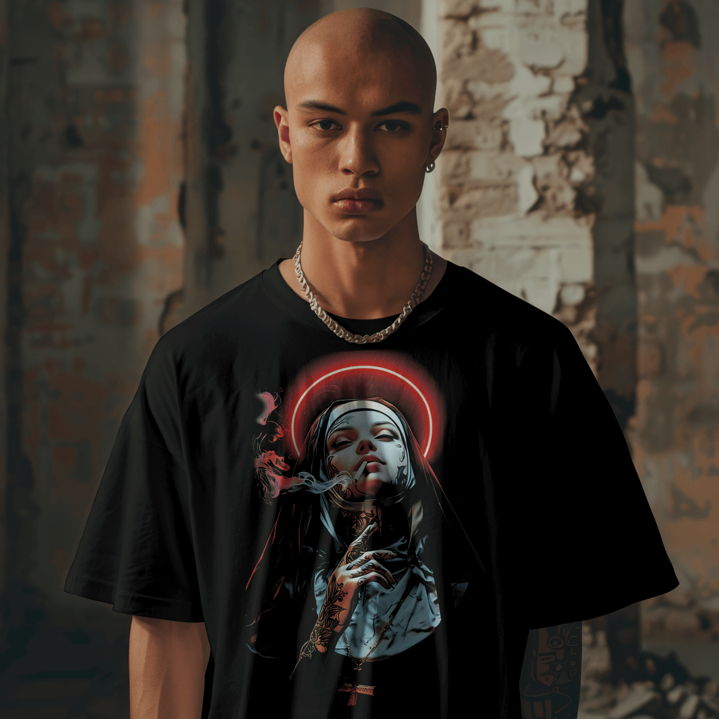 Person wearing a black t-shirt with a graphic design in an urban setting