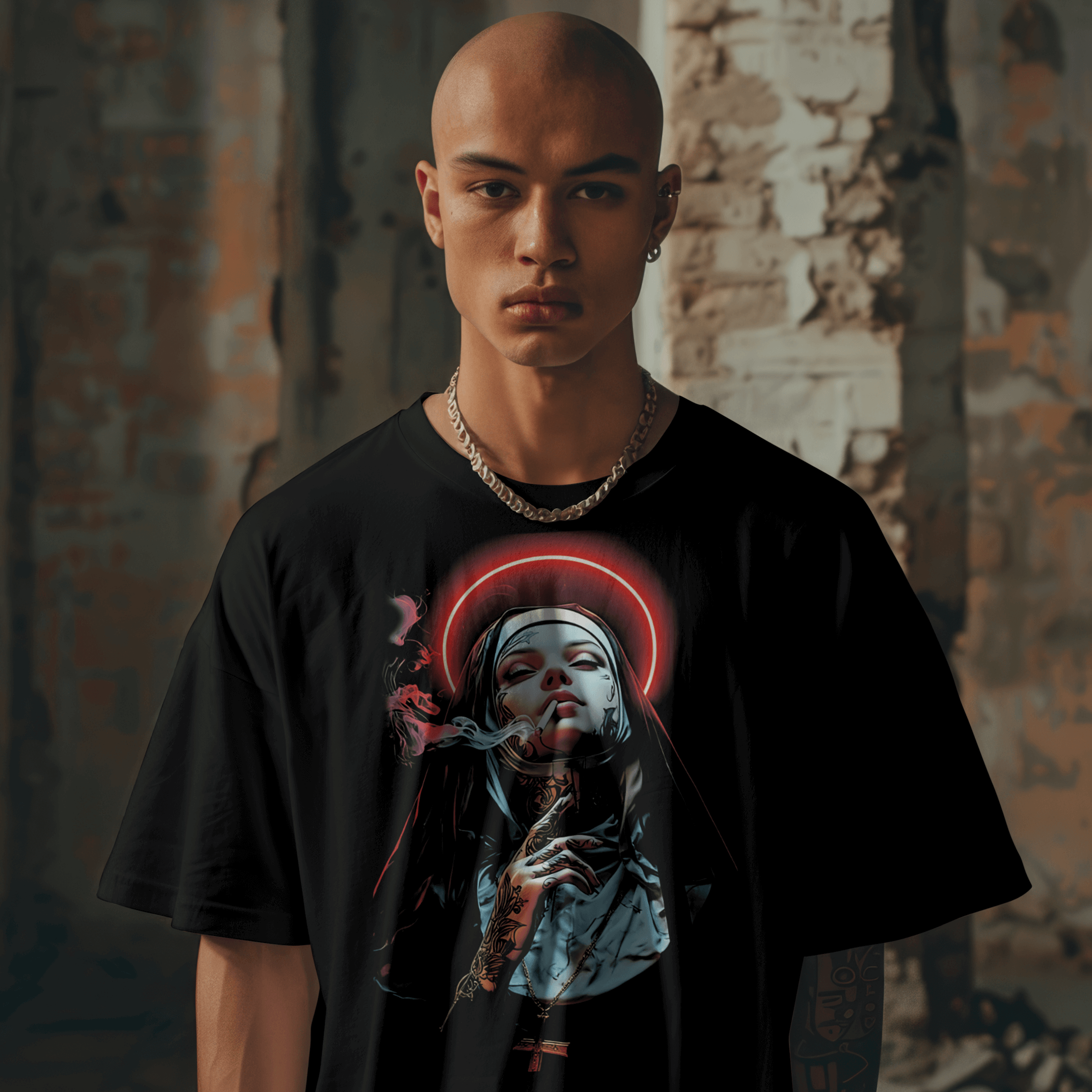 Lifestyle Black Smoking Nun graphic tee