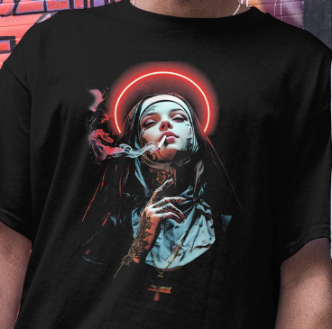 Close Up - Front View worn by Model.
Black t-shirt with a graphic design of a smoking Nun, being worn by person with tattoos.