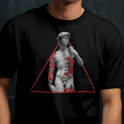 Person wearing a black t-shirt with a graphic design of a classical statue with flowers in a triangle.