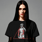 Person wearing a black t-shirt with a graphic design on a gray background
