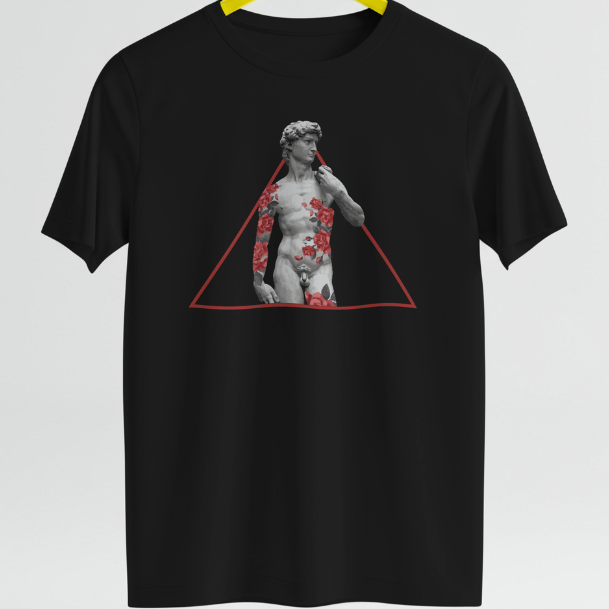Front View 
Black t-shirt with a graphic design of a statue in a triangle on a yellow hanger against a light gray background