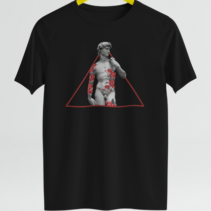 Front View 
Black t-shirt with a graphic design of a statue in a triangle on a yellow hanger against a light gray background