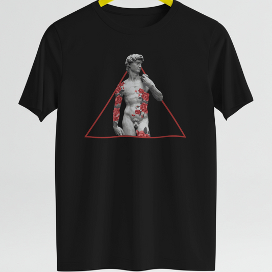 Front View 
Black t-shirt with a graphic design of a statue in a triangle on a yellow hanger against a light gray background