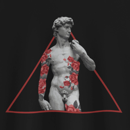 Close Up - Front View
Statue with red floral patterns inside a red triangle on a black background