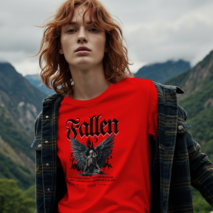 Front View - worn by a model
Person wearing a red 'Fallen' t-shirt with a mountainous background