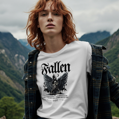 Front View - worn by a model
Person wearing a white 'Fallen' t-shirt with a mountainous background
