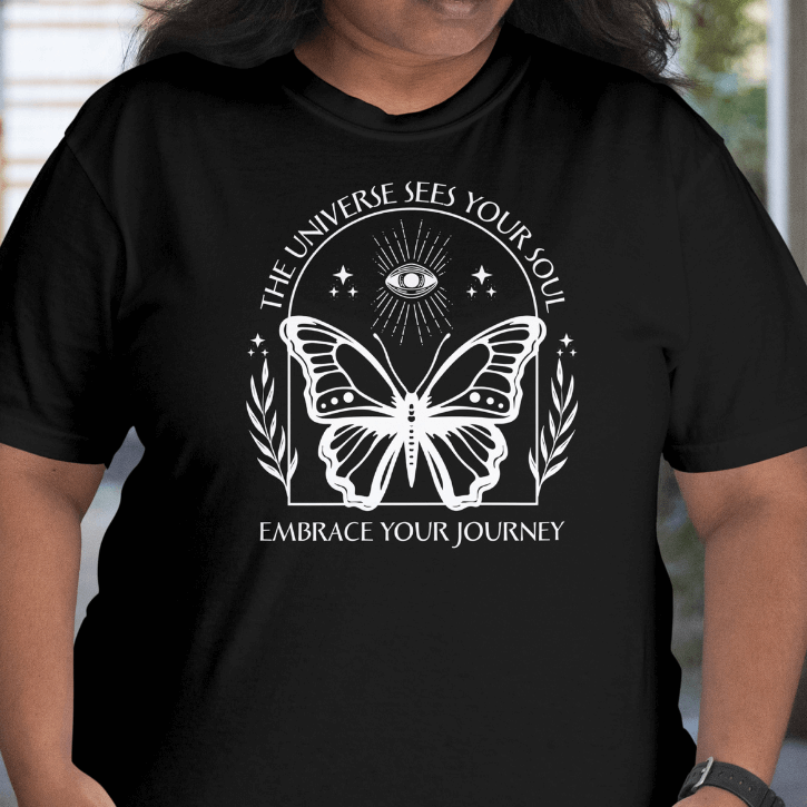 Front View Person wearing a Black Universe Sees Your Soul T-Shirt