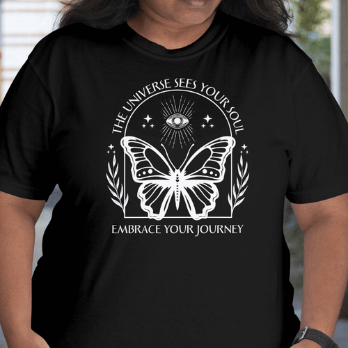 Front View Person wearing a Black Universe Sees Your Soul T-Shirt