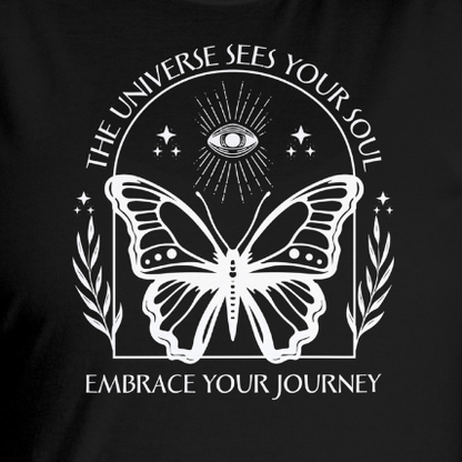 Close Up - Front View
Black t-shirt with white butterfly design and motivational text on a black background