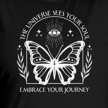Close Up - Front View
Black t-shirt with white butterfly design and motivational text on a black background