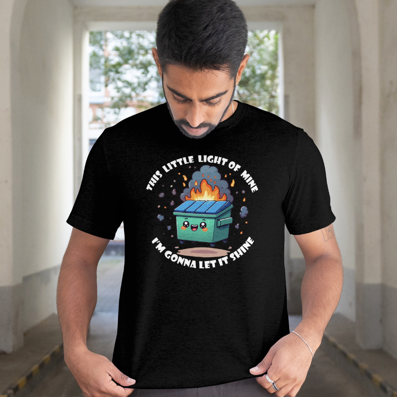 Person wearing a black t-shirt with a graphic design and text.