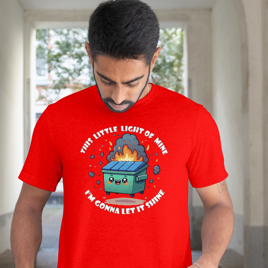 Front View on a model
Person wearing a red t-shirt with a graphic design Of a Dumpster Fire and text.