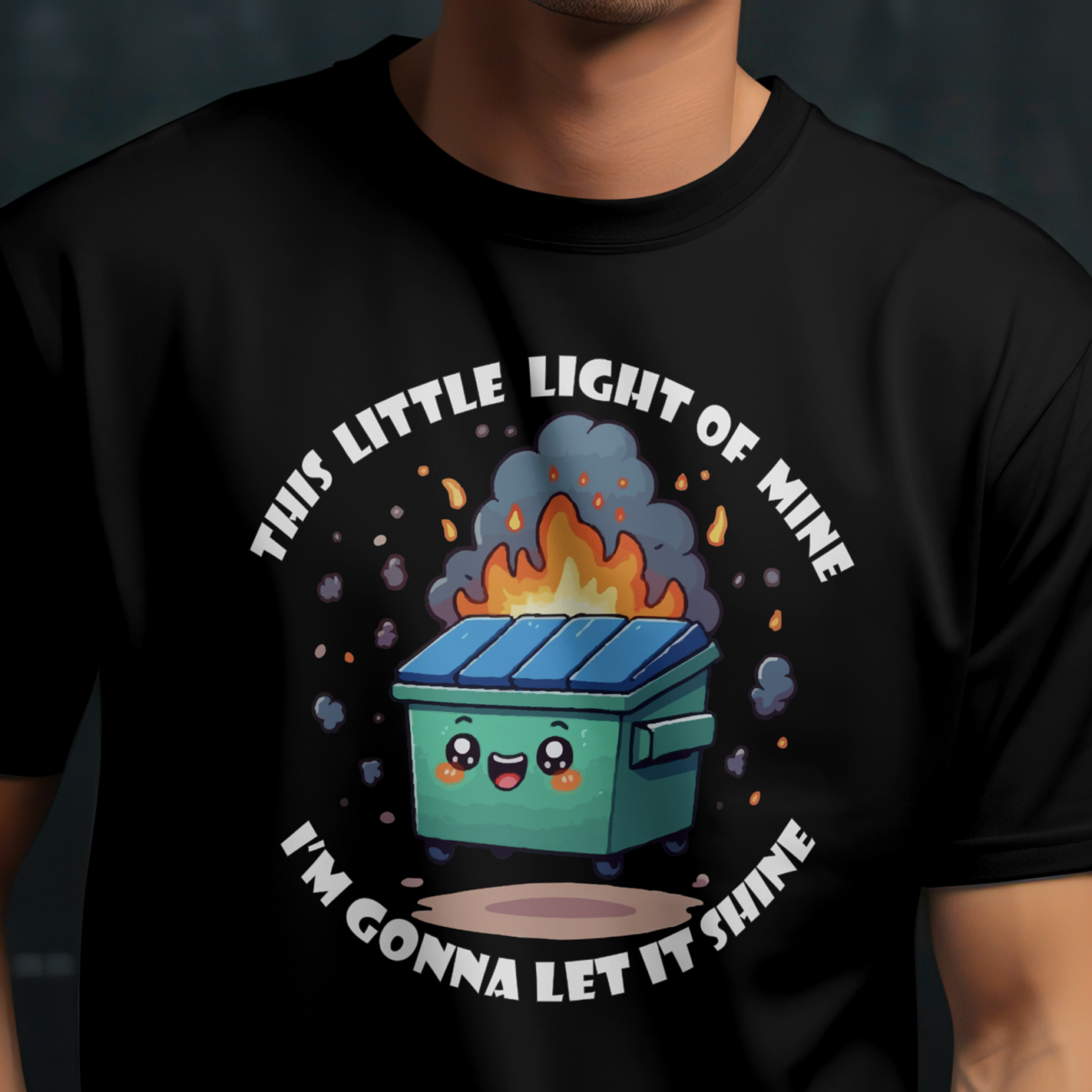 Person wearing a black t-shirt with a graphic design of a blue trash bin with flames and text.