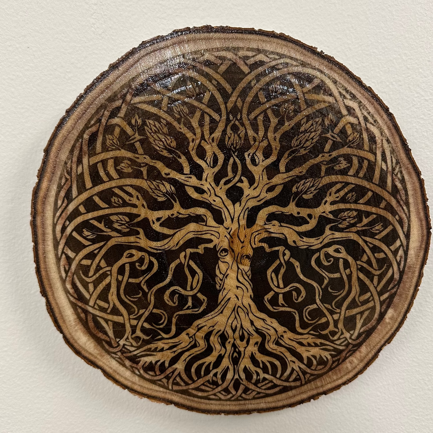 Close Up - Top View
Round-Wooden plaque with tree of life design on a white background