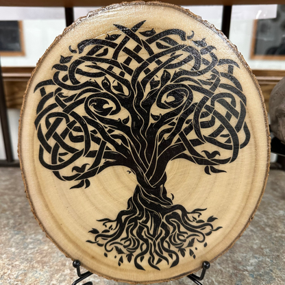 Close Up - Front View on a stand
Rustic-Round wooden plaque with a black tree Of Life design on a stand. 