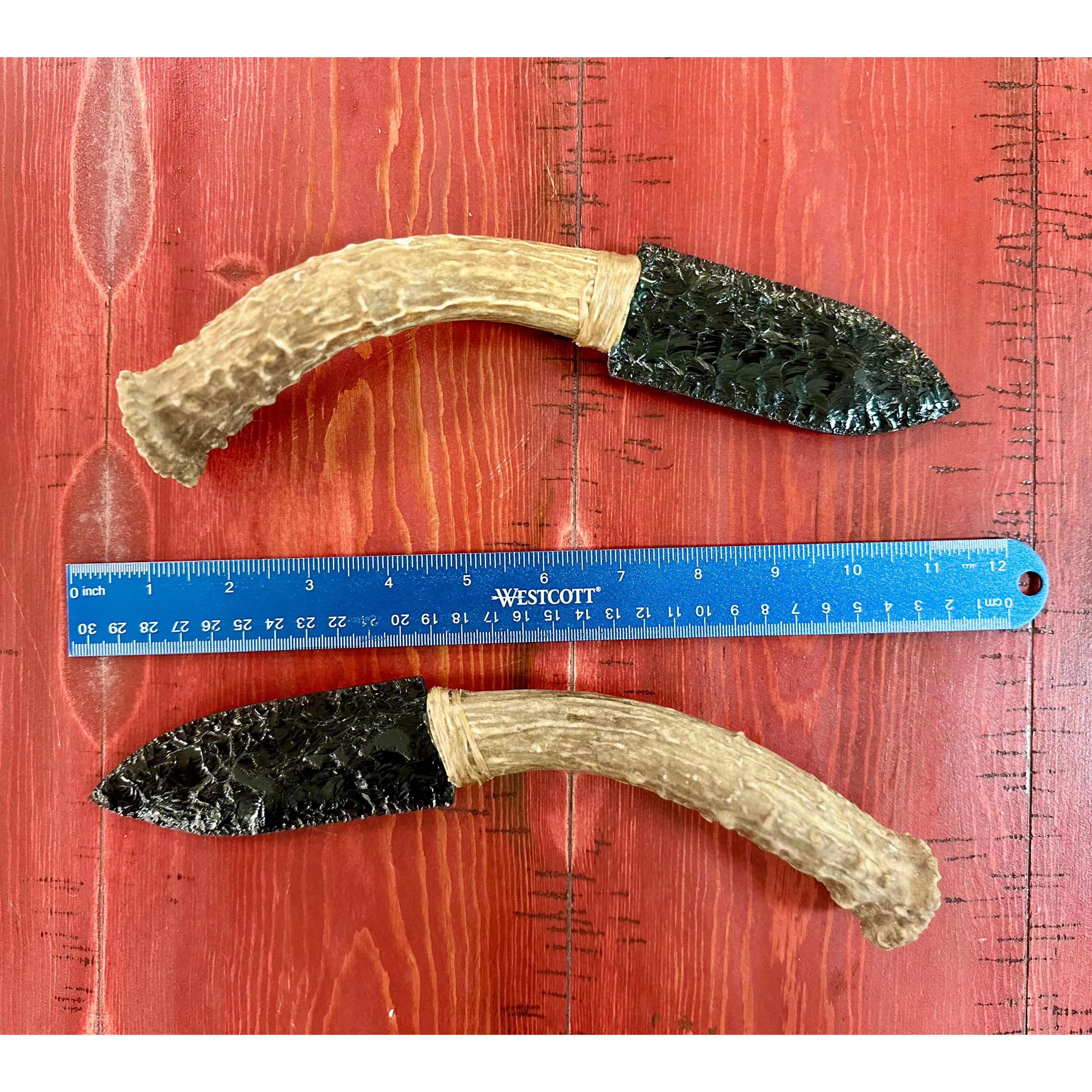 Top View Twin Obsidian Knives Antler Handles with ruler for comparison