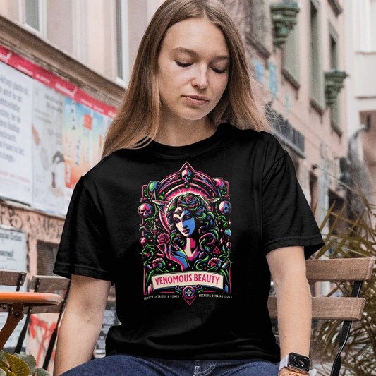 Front View 
Woman wearing a black t-shirt with colorful graphic design 'Venomous-Beauty' sitting outdoors.