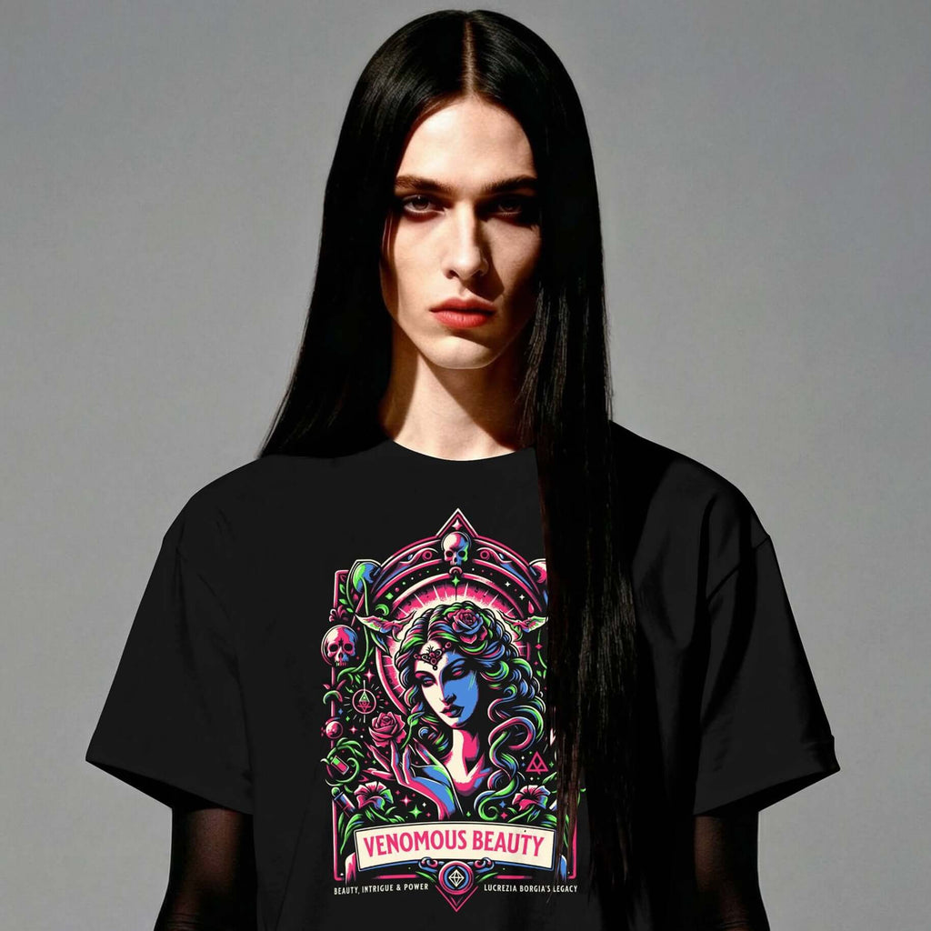 Person wearing a Black Venomous Beauty t-shirt original design 
