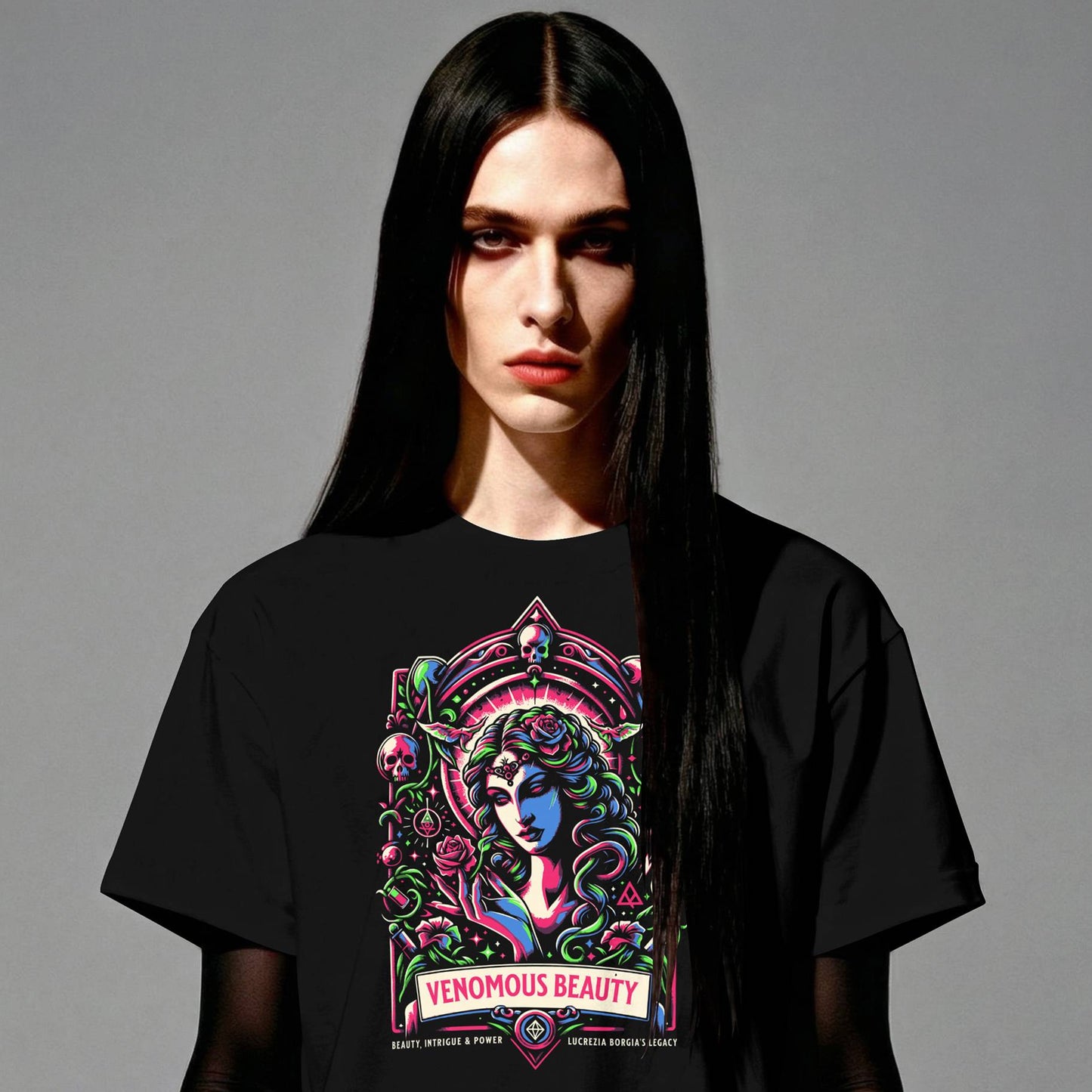 Person wearing a black t-shirt with a colorful graphic design on a gray background