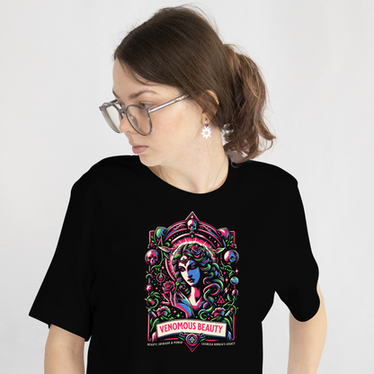 Person wearing a black t-shirt with a colorful graphic design on a plain background