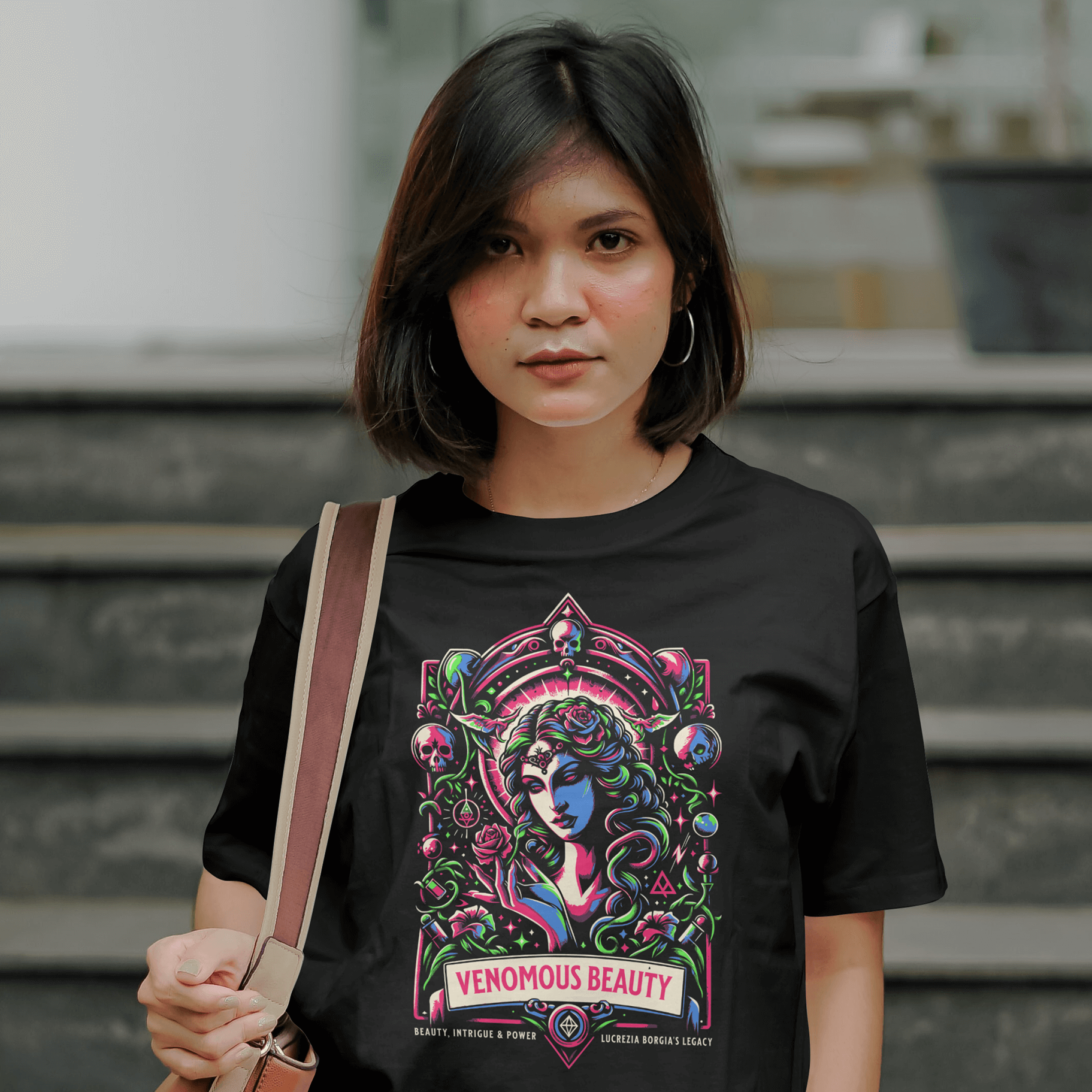 Woman wearing a Black Venomous Beauty t-shirt original design 