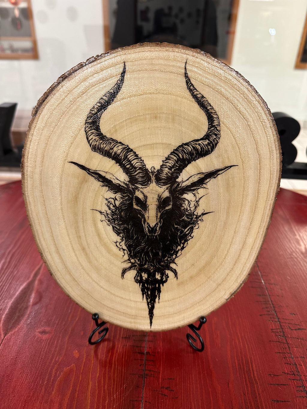 Close Up - Front View on a stand laser engraved wood wall art- Wendigo