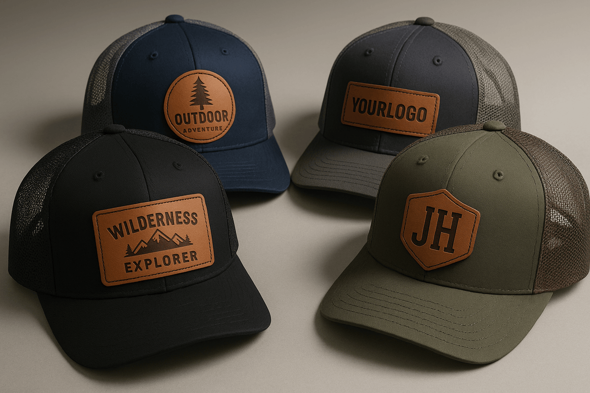 custom trucker hats that have leather patches that you design your logo or persalization.