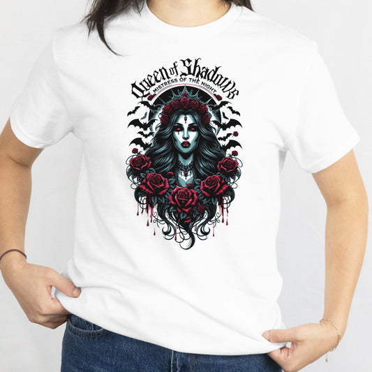 Front View
White t-shirt with a graphic design of a woman with dark hair and roses, text 'Queen of Shadows', on a plain background.