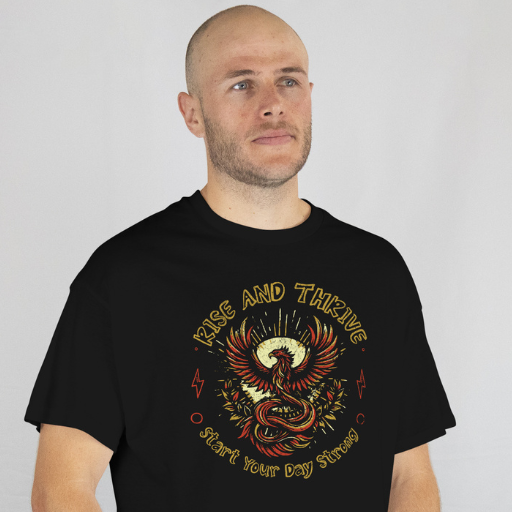 Front View
Man wearing a black t-shirt with a phoenix design and text on a plain background